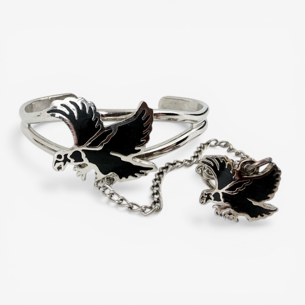 Vintage Eagle Slave Bracelet Ring Set, Adjustable Hand Chain Cuff, Southwestern